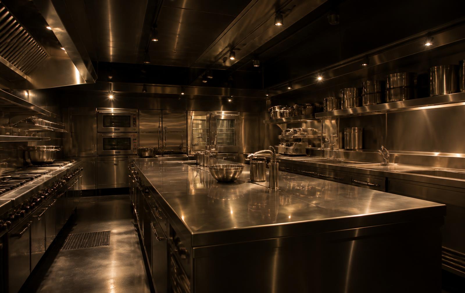 Cozinha industrial equipada com bancadas e coifas em aço inox